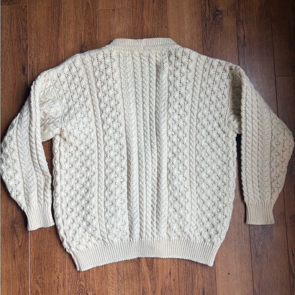 Traditional Vintage Aran Irish Fisherman Wool Cable Knit Cardigan Sweater. XL - Picture 5 of 9